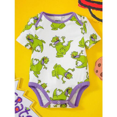 Nick 90s | SHEIN Baby Boy Cartoon Green Dinosaur Print White Casual Cute Bodysuit | SHEIN USA