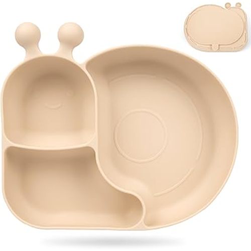 Silicone Baby Plate with Super Suction – Snail Shape 3 Compartment Toddler Food Plate Self Feeding Unbreakable Eating Supplies for Boys and Girls (Beige)