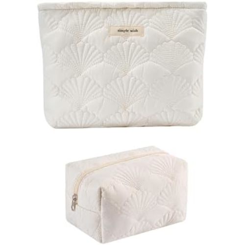 uekeboag 2Pcs White Shells Quilted Cotton Makeup Pouch Set,Coquette Quilted Toiletry Bag for Women and Girls, Floral Coquette Organizer Bag, Aesthetic Travel Cosmetic Bags(2Pcs White Shells)