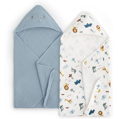PHF 100% Muslin Cotton Baby Hooded Towels, 2 Pack Bath Towel with Hood for Newborn, Infant, Toddler, Ultra Soft and Absorbent Baby Bath Essentials, Shower Gifts for Boys, 32x32Inch, Woodland