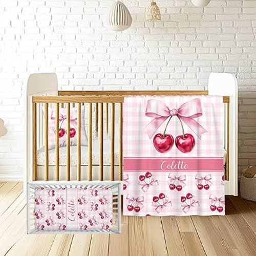 Personalized Pink Bow Baby Crib Bedding Set – Custom Name 3 Piece Cherry Nursery Set for Baby Girls, Soft Blanket, Fitted Crib Sheet & Pillowcase – Customized Infant & Toddler Nursery Gift