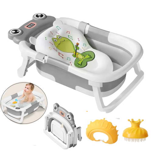 Collapsible Baby Bathtub,Baby Bath Tub with Soft Cushion + Thermometer+Shower Cap, Baby Bathtub Newborn to Toddler 0-36 Months,Portable Travel Baby Tubs, Grey