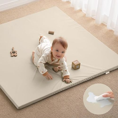 Blissful Diary Vegan Leather Baby Play Mat, 47x47 Thick Foam Cushioned & Waterproof Playpen Mat for Infants and Toddlers, Stylish and Just Wipe-Clean Playmat for Baby Play on Floor, Beige