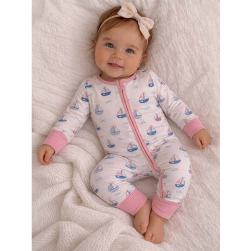 2-Way Zip Romper, Bubbly Sailboats Pink (Size: 0-3M)