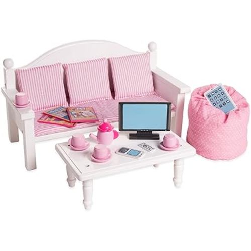 Playtime by Eimmie 18 Inch Doll Furniture Couch & Coffee Table Set – White, Wooden Playset with Living Room Accessories, Fits American, Generation, My Life & Similar 14”-18” Dolls