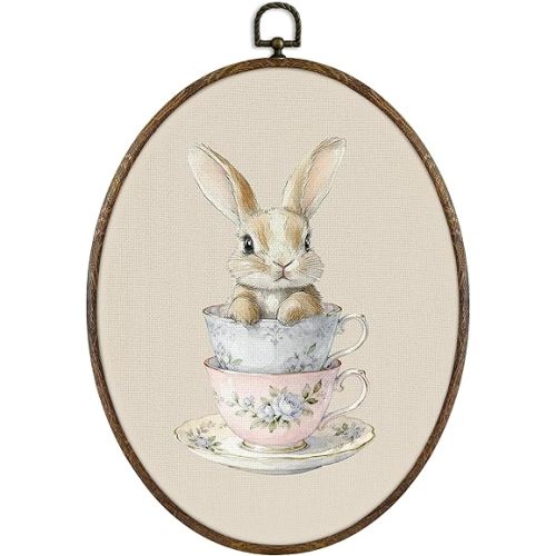 KFXHANGD Coquette Bunny Rabbit Oval Wall Art Framed, Bunny Nursery Decor, Easter Farmhouse Rabbits Canvas Wall Art Decor, Cute Bunnies tea cup Hanging Decor for Bedroom Bathroom, 8.7x11.3 Inch
