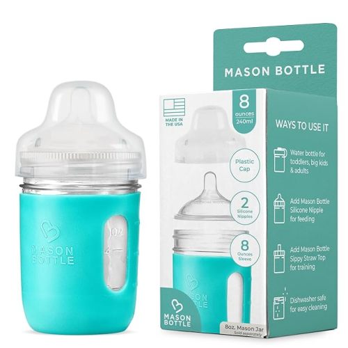 Mason Bottle Glass Baby Bottle DIY Kit, Fits 8oz Mason Jars, Includes 2X Slow Flow Nipples, Silicone Sleeve, Baby Glass Bottles, Breastfeeding Friendly, (Ring, Lid, and Jar Not Included) Made in USA
