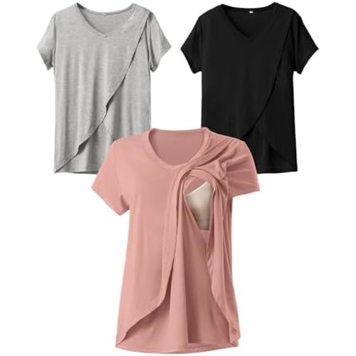 Rnxrbb V Neck Nursing Tops for Breastfeeding Tshirts Summer Postpartum Clothes Sets Short Sleeve 3 Pack Double Layer