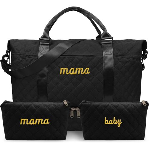 Mama Baby Pregnancy Hospital Bag Essentials for Women Labor Delivery Diaper Organizer with Shoe Compartment,2 Waterproof Toiletry Pouch Travel Duffle Bag for Mommy Weekender Overnight Gym Gifts,Black