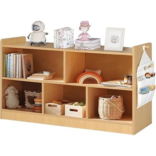Kids Toy Storage Organizer with 5 Section, 2-Tier Montessori Bookshelf for Kids Rooms, Wooden Playroom Storage with Hanging Storage Pocket, Toddler Book Shelf for Kids Rooms,Nursery,Classroom