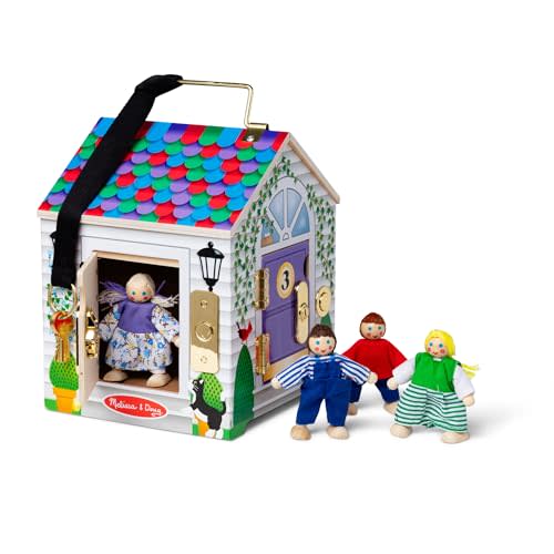 Melissa & Doug Take-Along Wooden Doorbell Dollhouse - Doorbell Sounds, Keys, 4 Poseable Wooden Dolls Portable Doll House, Doorbell House for Kids Ages 3+