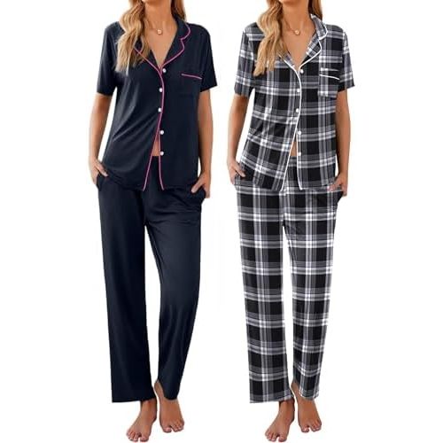 Ekouaer 2 Pack：Womens Pajamas Short Sleeve Pjs Notch Collar Button Up Loungewear Cozy Sleepwear Sets