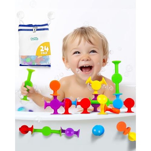 BUNMO Bath Toys Suction - Stocking Stuffers for Kids - Toddler Bath Toys - Connect, Build, Create - Toddler Stocking Stuffers - Fine Motor Skills - Stimulating Sensory Toys - Smooth 24 Pack