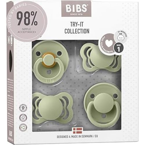 BIBS Try-It Collection | 4-Pack Soothers | BPA-Free Round, Anatomical & Symmetrical Nipple | Natural Rubber Latex/Silicone | Made in Denmark | 0-6 Months | Sage