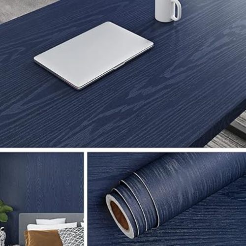 Livelynine 15.8x197 Blue Wood Grain Contact Paper Peel and Stick Kitchen Cabinet Wallpaper Peel and Stick Waterproof Contact Paper for Countertops Dark Wood Desk Covering Loyal Blue Vinyl Wrap