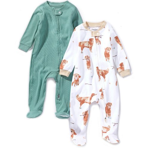 Burt's Bees Baby Boys Long Sleeve Organic Cotton Golden Retriever & Solid Footed Coverall 2-Piece-Pack