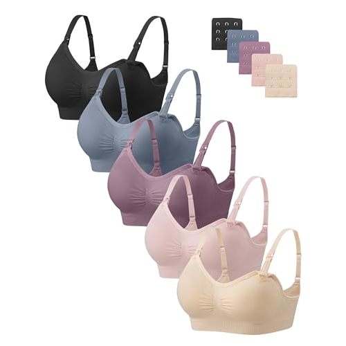 Angelhood Women Nursing Bras for Breastfeeding 5 Pack, Maternity Sleep Bra | Seamless Pregnancy Full Bust Bralettes with Extenders, Wireless V Neck Bralette, Ultra Comfort Postpartum Essentials Bra Pack