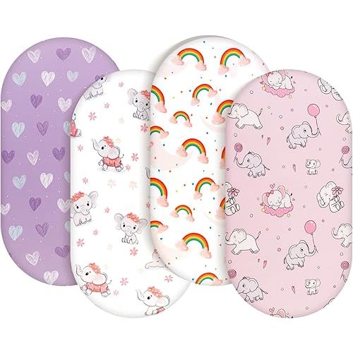 4 Pack Baby Girl Bassinet Sheets Set Soft Fitted Floral or Elephant Theme Baby Girl Mattress Covers Breathable Toddler Bed Sheets for Infant or Newborn Girls (Elephant, Bassinet Sheets)