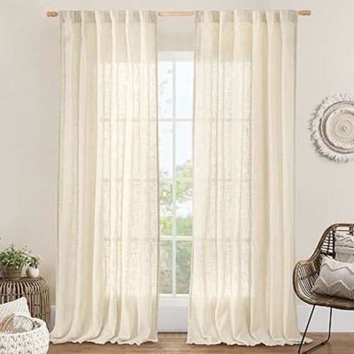 LAMIT Beige Linen Curtains for Living Room 2 Panels Set, 84 Inch Faux Linen Textured Light Filtering Drapes Back Tab and Rod Pocket Boho Panels for Farmhouse/Bedroom/Porch, 52 x 84 Inch
