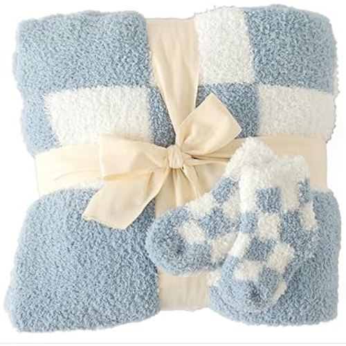 Orelle Checkered Baby Blanket & Matching Socks Set | Plush Baby Blanket | Luxury Ultra-Soft & Cozy Receiving Blanket | Newborn Gift & Registry Must-Have | 30x40” | Blue