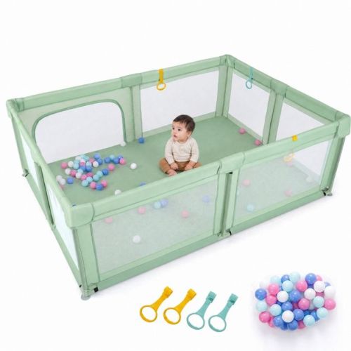 Foldable Baby Playpen Pack and Play Portable Playard with 50 Ocean Balls and Breathable Mesh, Green, 79 x 55 Inch