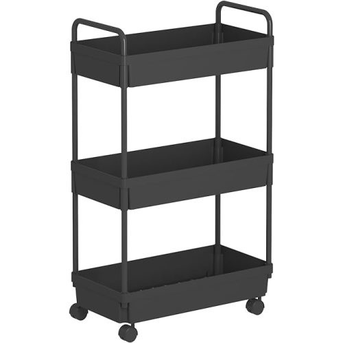 Buzowruil Rolling Storage Cart 3 Tier Organizer Mobile Shelving Unit Storage Rolling Utility Cart with Wheels for Kitchen Bathroom Laundry,Black