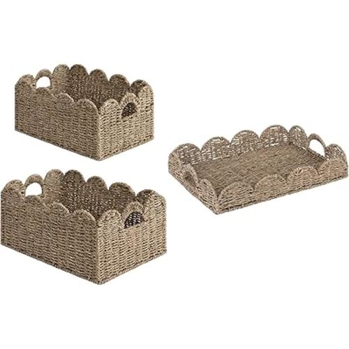 StorageWorks Scalloped Edge Wicker Basket, Scalloped Woven Basket for Organizing, Scalloped Tray, Wicker Rattan Serving Tray with Handles