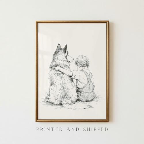 Boy & Husky Wall Art | Siberian Husky Nursery Print | Boy and Dog Decor