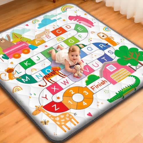 Baby Play Mat for Floor,71x59 Inch Soft Padding Crawling Mat, Foldable and Machine Washable, Thick for Babies & Toddlers,Animal School