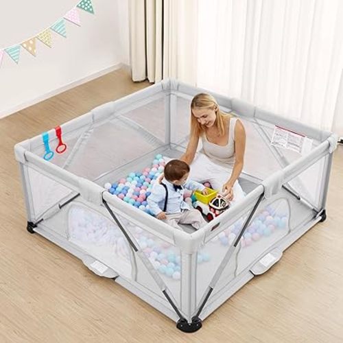 Yobear Foldable Baby Playpen (59"x59") - Portable Play Yard for Babies and Toddlers with 50 Ocean Balls, 2 Pull Handles & Carry Bag - Easy Setup Safe Indoor Outdoor Kids Activity Center (Grey)