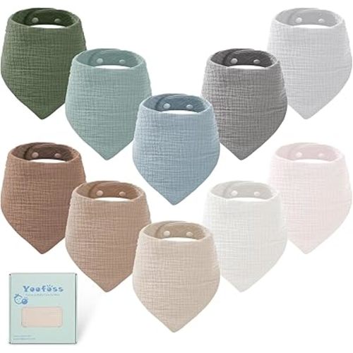 Yoofoss Muslin Baby Bibs 10 Pack 100% Organic Cotton 6-Layer Soft Absorbent Drool Bandana Baby Bibs for Drooling and Teething for Boys and Girls, Brown & Green