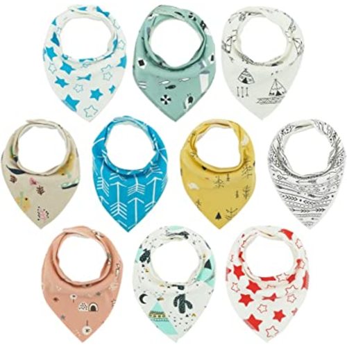 10pcs Baby Bandana Drool Bibs - Age 3 to 24 Months - Ultra Absorbent Organic Cotton Drooling Baby Bibs for Boys and Girl - Safe Nickel Free Snaps For Teething Protection - Unisex Bib Set