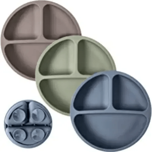 WeeSprout Suction Plates for Babies & Toddlers | 100% Silicone | Plates Stay Put with Suction Feature | Divided Design | Microwave & Dishwasher Safe | 3 Pack - Matte Dark Grey, Blue & Green - Without Lids