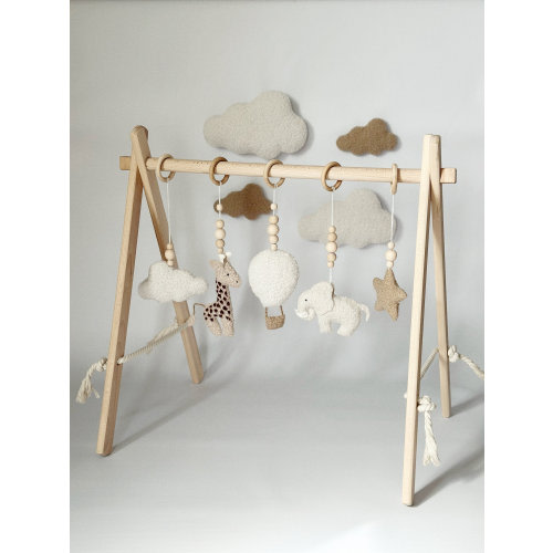 Boucle Safari Baby Gym: Handmade Wooden Frame, Sensory Toys