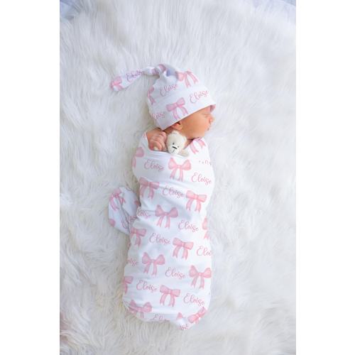 Pink Bow Swaddle set-  Personalized Baby Girl Swaddle Blanket Headband Set -Coquette Aesthetic Baby Blanket - Girly Coming Home outfit SW587