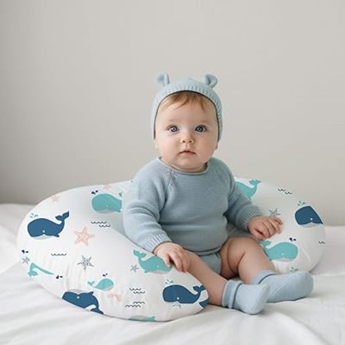 Little Grape Land Nursing Pillow for Breastfeeding, Ergonomic Baby Pillow for Mom and Infant Support, Removable Cover Breastfeeding Pillow for Bottle & Nursing Feeding (Whale)