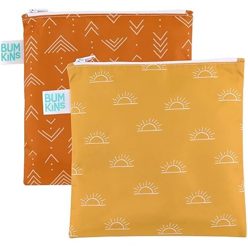 Bumkins Reusable Sandwich and Snack Bags, for Kids School Lunch and for Adults Portion, Washable Fabric, Waterproof Cloth Zip Bag, Travel Pouch, Food-Safe Storage, Large 2-pk Desert Boho