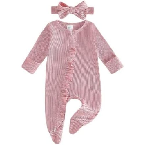 Userdefined Baby Girl Clothes Ruffle Solid Footies Infant Knit Rompers Newborn Zip Up Jumpsuit Cute Girl Four Seasons Outfits