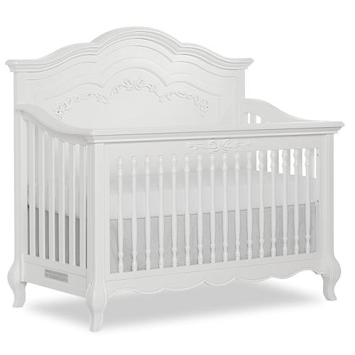 Evolur Aurora 5-in-1 Convertible Full-Size Baby Crib in Frost, 3 Mattress Heights, Ribbon Bow Scrollwork & Queen Anne Feet, Converts to Toddler, Day & Full-Size Bed