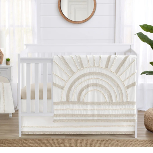 Sweet Jojo Designs Ivory Boho Chic Sun Boy Girl 4p Nursery Crib Bedding Set Cotton Bohemian Gender Neutral Beige Tufted Fringe