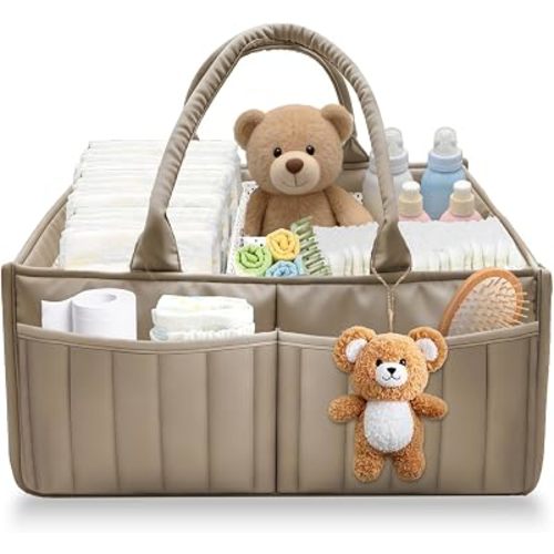 Baby Diaper Caddy Organizer,Portable Large Capacity Nursery Storage Basket,Multifunctional Nursery Diaper Holder,Capacity Waterproof Storage Bin for Infant Diapers,Gift for Baby Shower,khaki