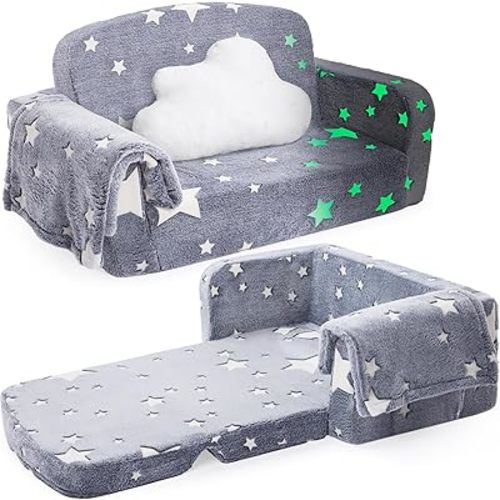 Foryoomi Extra Wide Kids Couch, 2-in-1 Soft Couch with Blanket, Glow in The Dark, Comfy Chair with Cloud Pillow, Convertible Sofa, Star