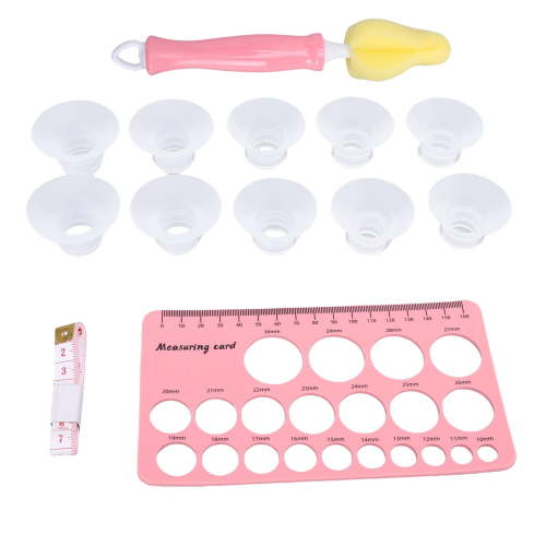 Xirurus Breast Pump Flange Sizing Kit Soft Silicone Nipple Ruler Measure Tool with 13mm 15mm 17mm 19mm 21mm Flange Inserts for 24mm Shield, Includes 1.5m Tape and Cleaning Brush, 14 Pieces Set