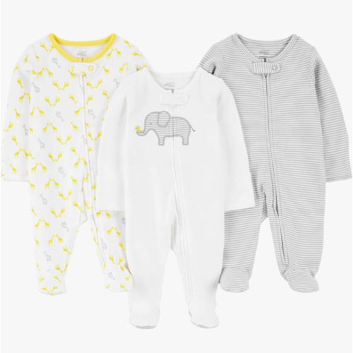 Simple Joys by Carter's Baby 3-Pack Neutral Sleep and Play 6-9mo Light Grey Mini Stripe/White Elephant/Giraffe