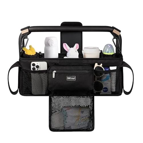 TOPDesign Universal Baby Stroller Organizer, Double Stroller Caddy with Detachable Mesh Bag & Heightened Insulated Cup Holders & Non-Slip Secure Hooks Accessories, Fits Most Strollers (Black)