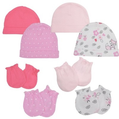 Everyday Kids 8-Piece Baby Girls Hat and Mittens Set – 4 Cotton Beanies and 4 No-Scratch Mittens for Newborns – Pink Fox Print