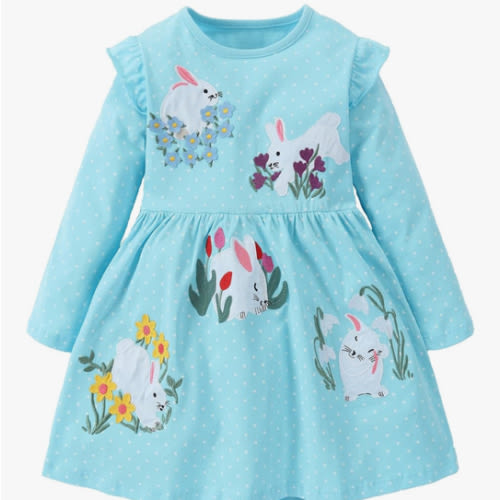 Hongshilian Little Girls Cotton Casual Dress Cartoon Appliques Fall Clothes Basic Jersey Long Sleeved Party Dresses