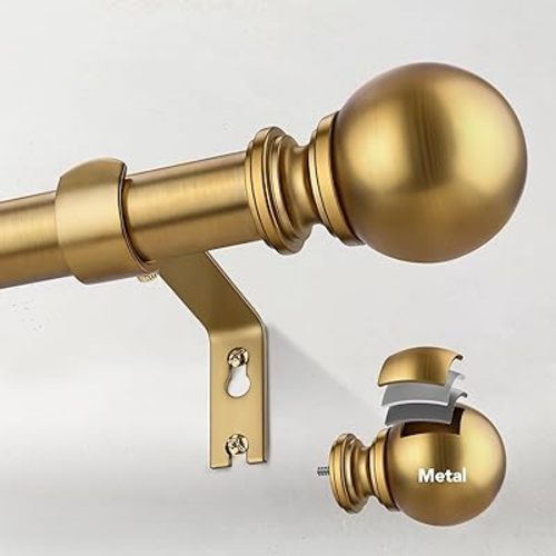 Heavy Duty Curtain Rods for Windows 32 to 90 Inch, 1 Inch Brush Gold Curtain Rods Adjustable and Easy Installation, Decorative Long Curtains Rod with Elegance Design (W9,Gold,32-90")