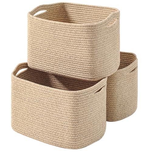 ICERZCZ Decorative Storage Baskets for Organizing Shelves, Toy Basket for Nursery, Woven Cotton Rope Baskets for Decor, Towel Basket for Bathroom, 15"x11"x9.5", 3 Packs, Brown