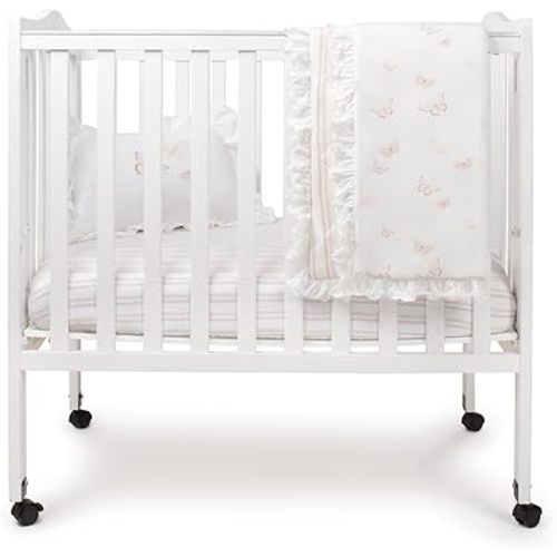 Ely's & Co. Mini Crib Bedding Set for Girls, 4 Piece Set - 1 Fitted Mini Crib Sheet, Quilted Comforter and Decorative Pillow with Insert, Pink Butterfly+Stripe Collection
